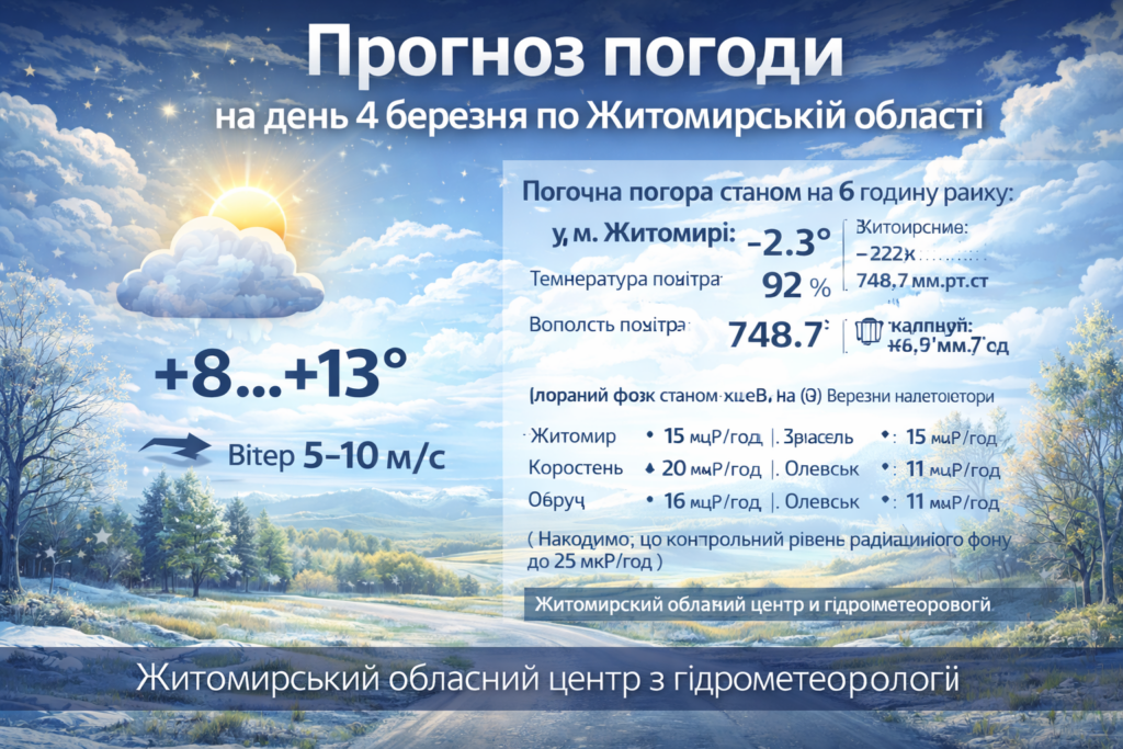 Прогноз погоди на день 4 березня по Житомирській області